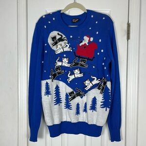 Well Worn Holiday Sweater Reindeer Cats Santa Ugly Christmas Sweater Sz L